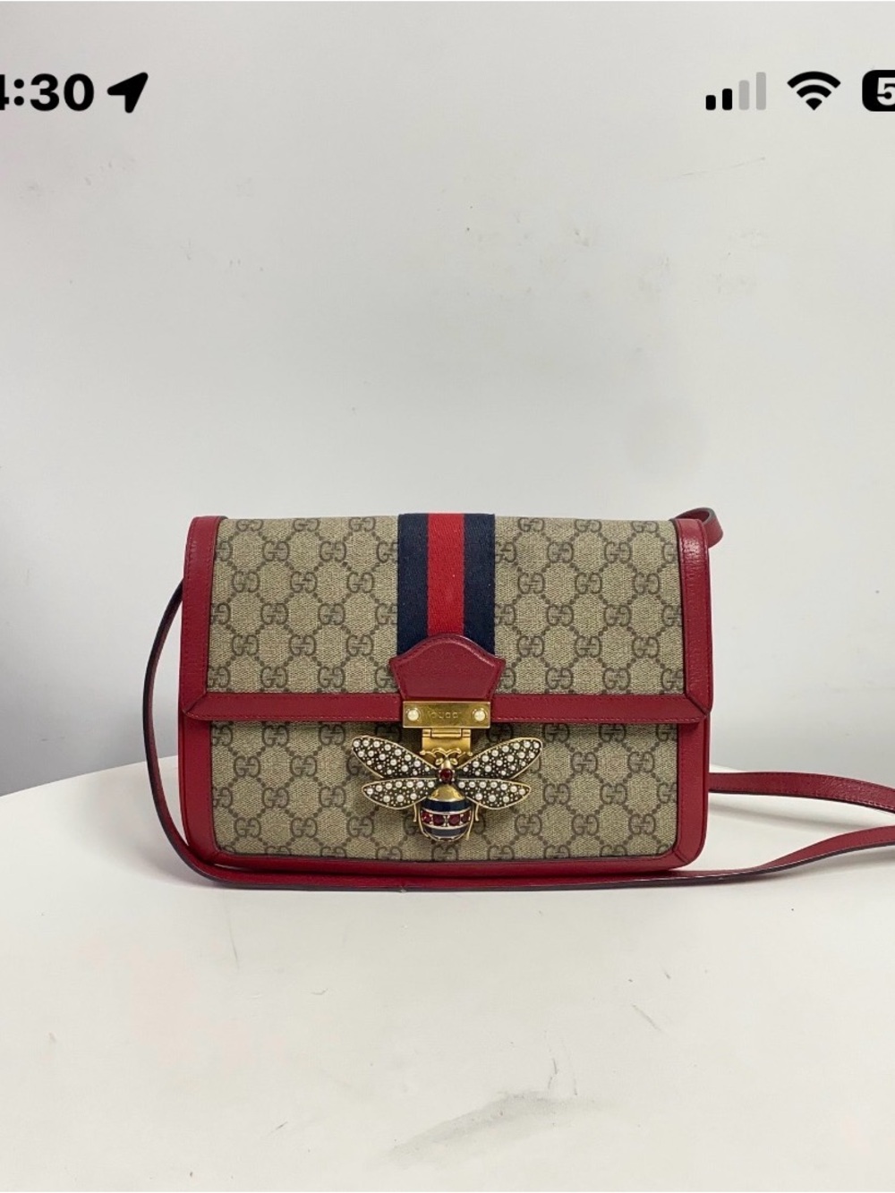 Gucci Beige GG Supreme Crossbody with Red Trim and Blue-Red Web